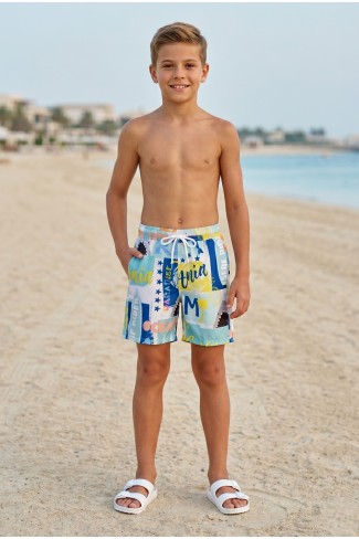Erkek Çocuk Polyester + Elastan Baskılı Lastikli Bel Cepli Deniz Şortu Mayo