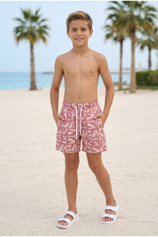 Erkek Çocuk Polyester + Elastan Baskılı Lastikli Bel Cepli Deniz Şortu Mayo 