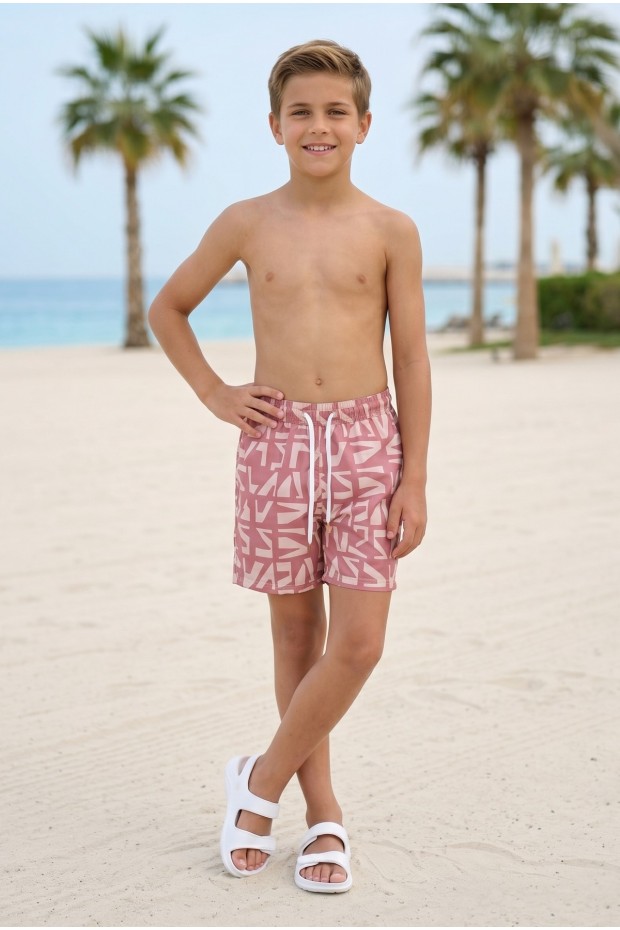 Erkek Çocuk Polyester + Elastan Baskılı Lastikli Bel Cepli Deniz Şortu Mayo 