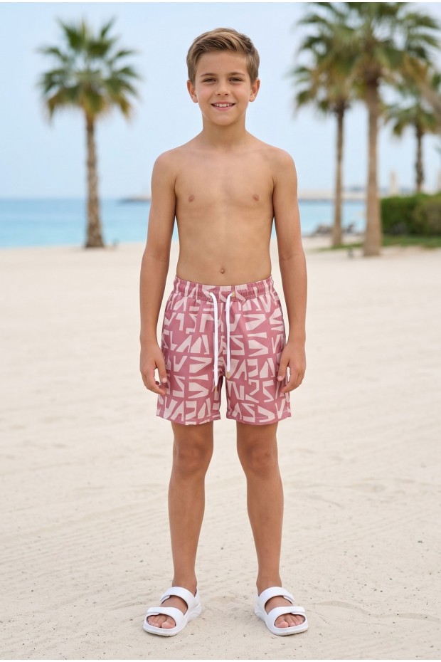 Erkek Çocuk Polyester + Elastan Baskılı Lastikli Bel Cepli Deniz Şortu Mayo 