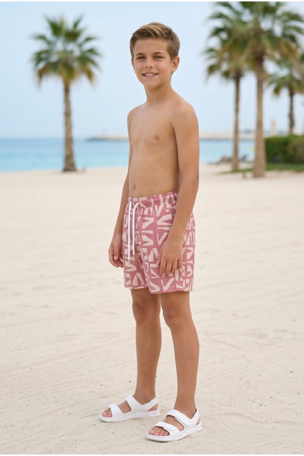 Erkek Çocuk Polyester + Elastan Baskılı Lastikli Bel Cepli Deniz Şortu Mayo 