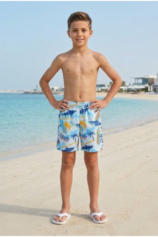Erkek Çocuk Polyester + Elastan Baskılı Lastikli Bel Cepli Deniz Şortu Mayo