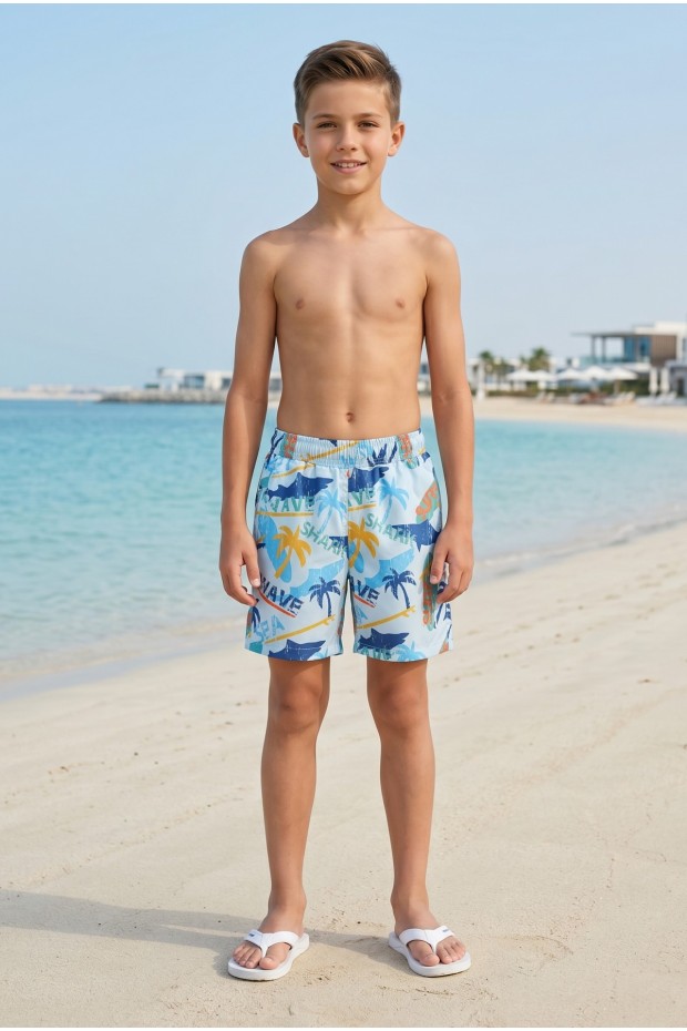 Erkek Çocuk Polyester + Elastan Baskılı Lastikli Bel Cepli Deniz Şortu Mayo