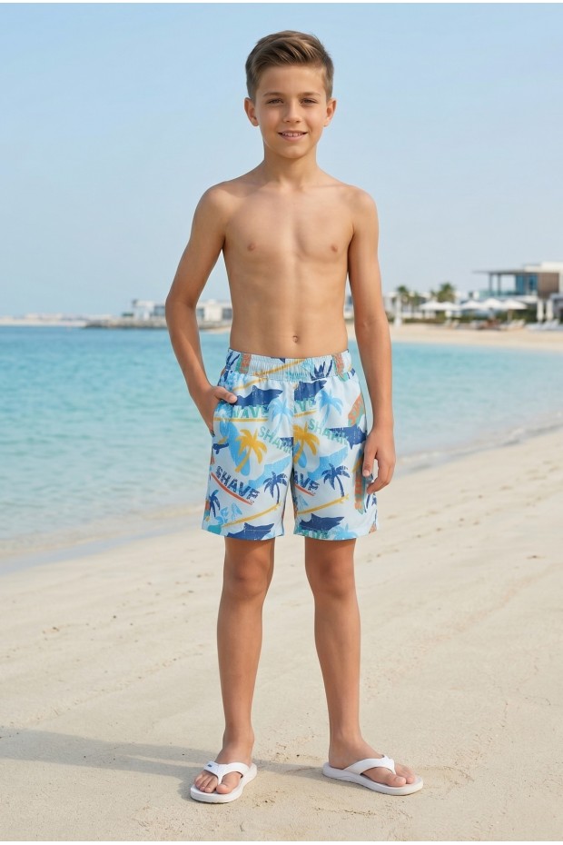 Erkek Çocuk Polyester + Elastan Baskılı Lastikli Bel Cepli Deniz Şortu Mayo