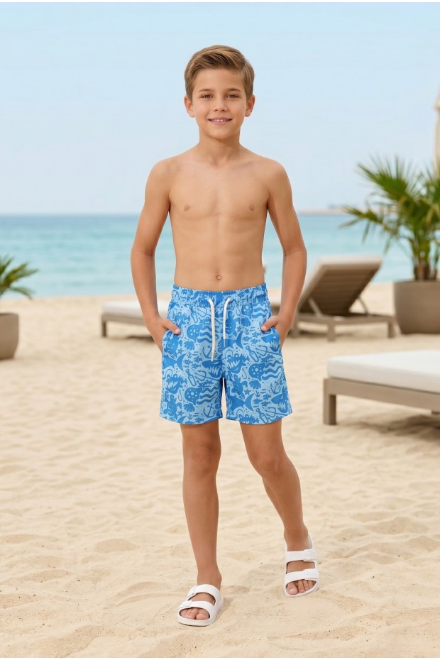Erkek Çocuk Polyester + Elastan Baskılı Lastikli Bel Cepli Deniz Şortu Mayo