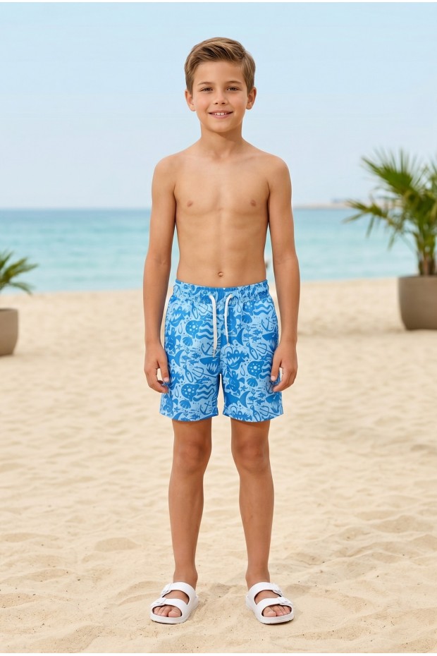 Erkek Çocuk Polyester + Elastan Baskılı Lastikli Bel Cepli Deniz Şortu Mayo