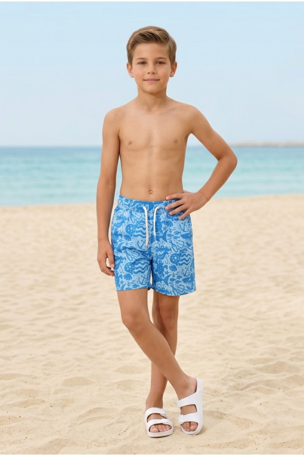 Erkek Çocuk Polyester + Elastan Baskılı Lastikli Bel Cepli Deniz Şortu Mayo