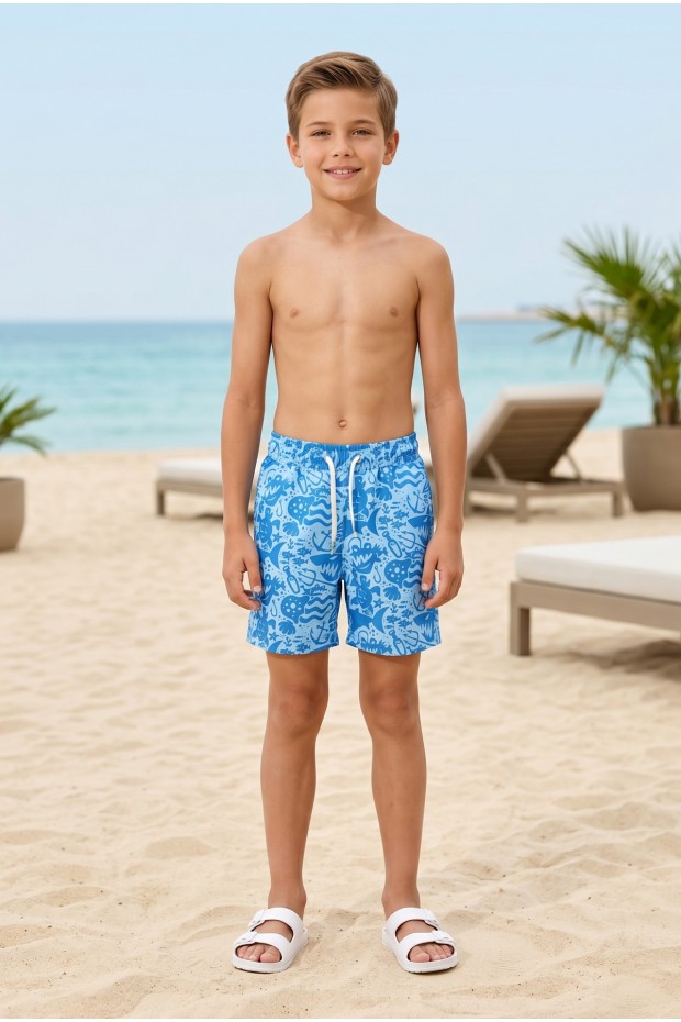 Erkek Çocuk Polyester + Elastan Baskılı Lastikli Bel Cepli Deniz Şortu Mayo