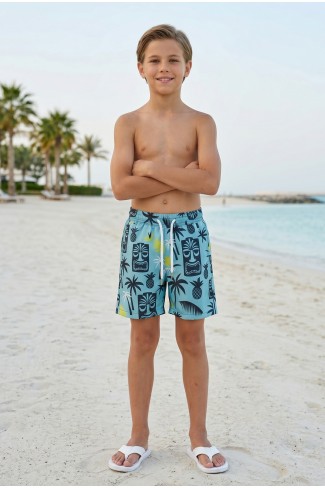 Erkek Çocuk Polyester + Elastan Baskılı Lastikli Bel Cepli Deniz Şortu Mayo