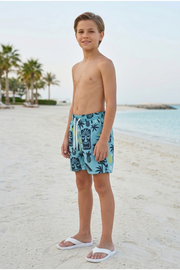 Erkek Çocuk Polyester + Elastan Baskılı Lastikli Bel Cepli Deniz Şortu Mayo
