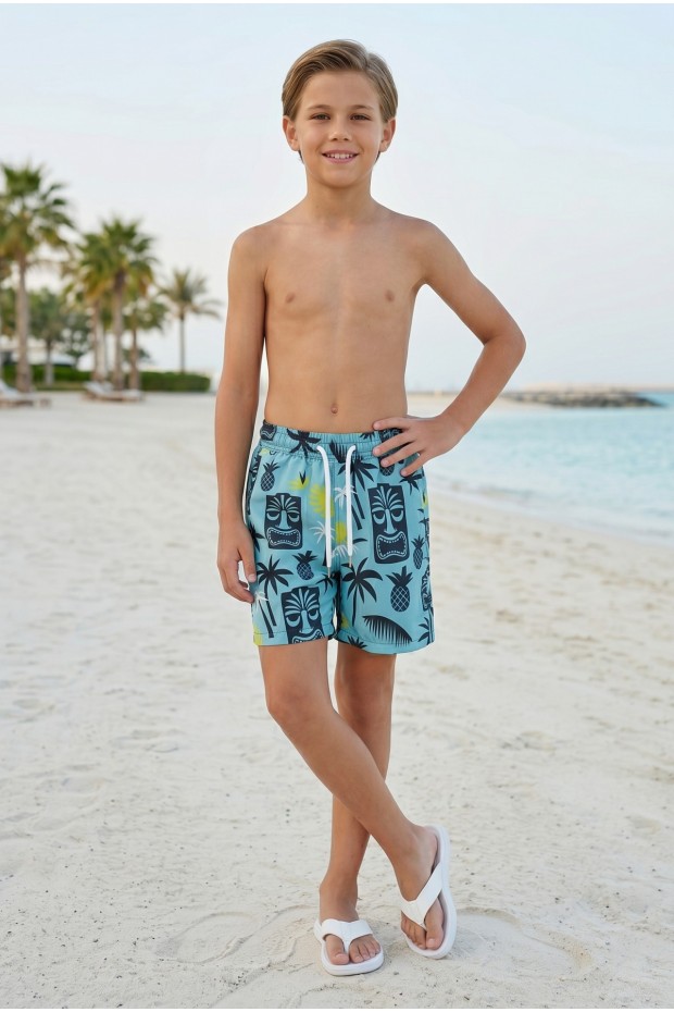 Erkek Çocuk Polyester + Elastan Baskılı Lastikli Bel Cepli Deniz Şortu Mayo