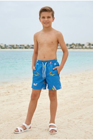 Erkek Çocuk Polyester + Elastan Baskılı Lastikli Bel Cepli Deniz Şortu Mayo