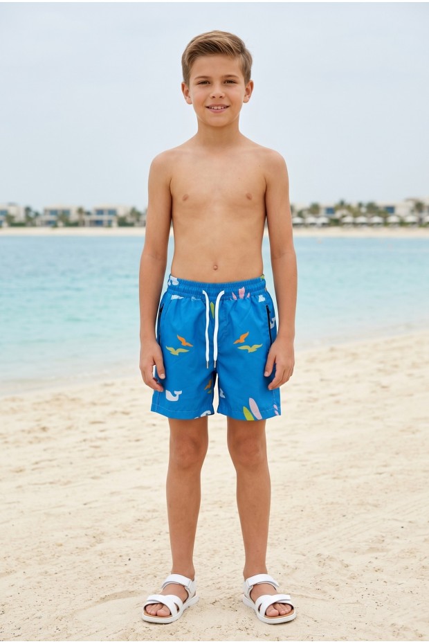 Erkek Çocuk Polyester + Elastan Baskılı Lastikli Bel Cepli Deniz Şortu Mayo