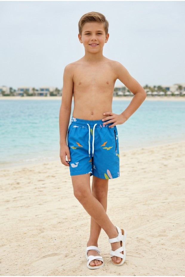 Erkek Çocuk Polyester + Elastan Baskılı Lastikli Bel Cepli Deniz Şortu Mayo