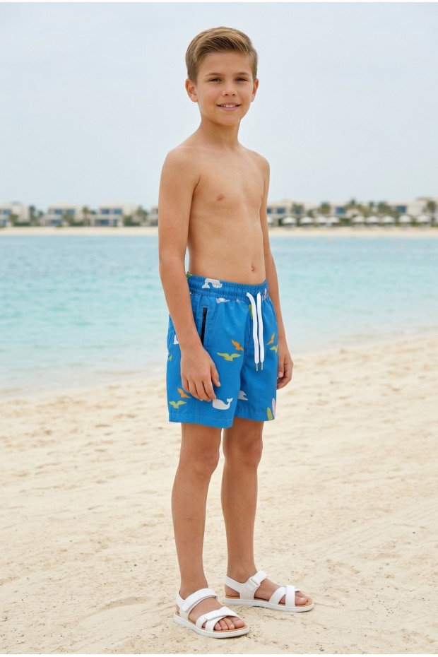 Erkek Çocuk Polyester + Elastan Baskılı Lastikli Bel Cepli Deniz Şortu Mayo