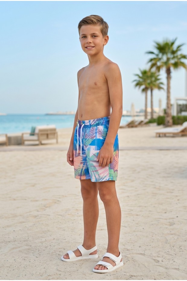 Erkek Çocuk Polyester + Elastan Baskılı Lastikli Bel Cepli Deniz Şortu Mayo