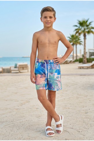 Erkek Çocuk Polyester + Elastan Baskılı Lastikli Bel Cepli Deniz Şortu Mayo