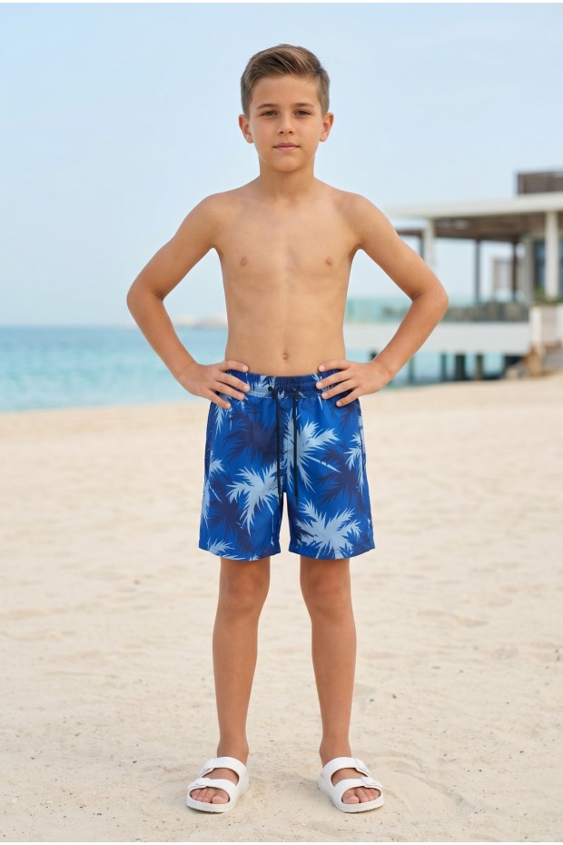 Erkek Çocuk Polyester + Elastan Baskılı Lastikli Bel Cepli Deniz Şortu Mayo