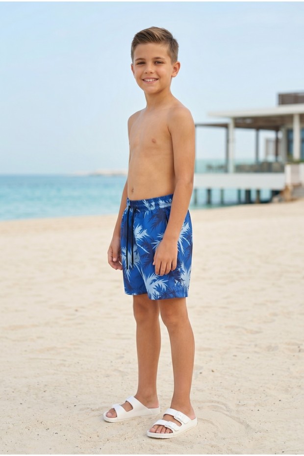 Erkek Çocuk Polyester + Elastan Baskılı Lastikli Bel Cepli Deniz Şortu Mayo