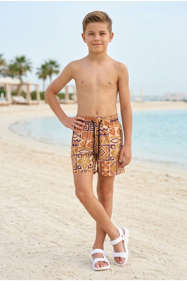 Erkek Çocuk Polyester + Elastan Baskılı Lastikli Bel Cepli Deniz Şortu Mayo
