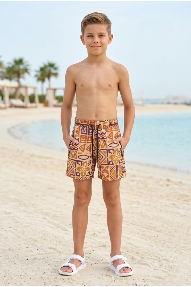 Erkek Çocuk Polyester + Elastan Baskılı Lastikli Bel Cepli Deniz Şortu Mayo
