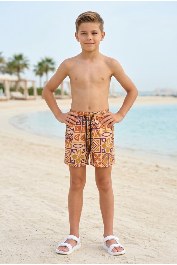 Erkek Çocuk Polyester + Elastan Baskılı Lastikli Bel Cepli Deniz Şortu Mayo