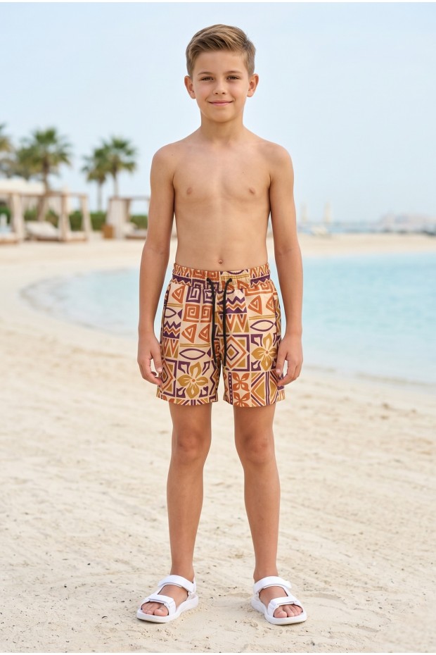 Erkek Çocuk Polyester + Elastan Baskılı Lastikli Bel Cepli Deniz Şortu Mayo