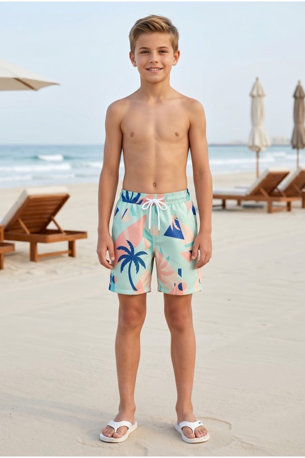 Erkek Çocuk Polyester + Elastan Baskılı Lastikli Bel Cepli Deniz Şortu Mayo 