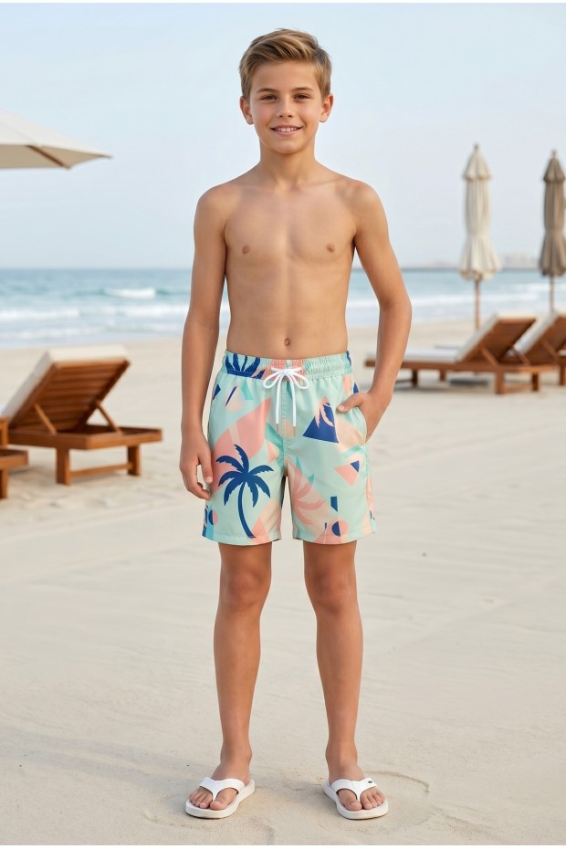 Erkek Çocuk Polyester + Elastan Baskılı Lastikli Bel Cepli Deniz Şortu Mayo 