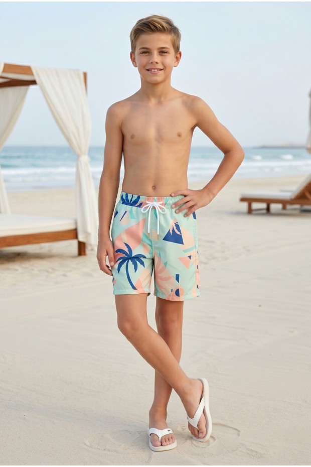 Erkek Çocuk Polyester + Elastan Baskılı Lastikli Bel Cepli Deniz Şortu Mayo 