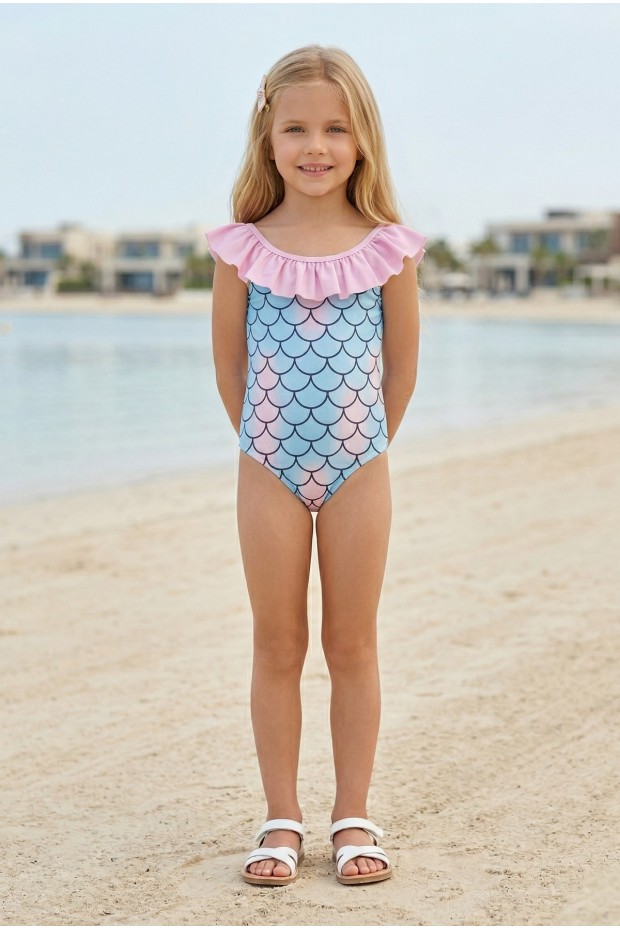 Kız Çocuk Polyester + Elastan Deniz Kızı Desenli Fırfırlı Balık Pulu Baskılı Mayo