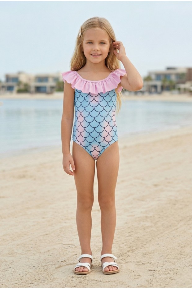 Kız Çocuk Polyester + Elastan Deniz Kızı Desenli Fırfırlı Balık Pulu Baskılı Mayo