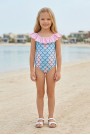 Kız Çocuk Polyester + Elastan Deniz Kızı Desenli Fırfırlı Balık Pulu Baskılı Mayo