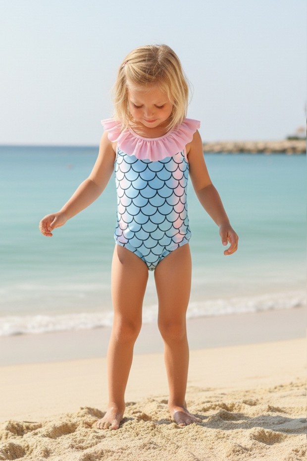 Kız Çocuk Polyester + Elastan Deniz Kızı Pul Desenli Yaka Kısmı Geniş Pembe Fırfırlı Mavi Degrade Yüzücü Mayosu