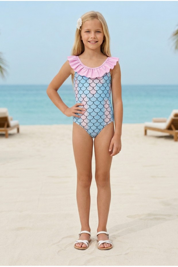 Garson Kız Çocuk Polyester + Elastan Deniz Kızı Desenli Fırfırlı Balık Pulu Baskılı Mayo