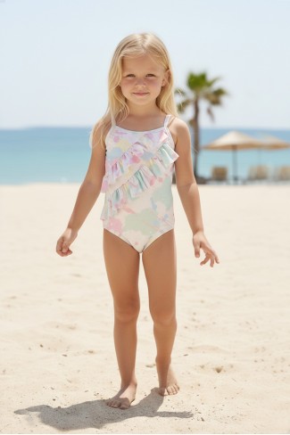 Kız Çocuk Polyester + Elastan Fırfır Detaylı Pastel Renk Tie Dye Desenli Yüzücü Mayosu