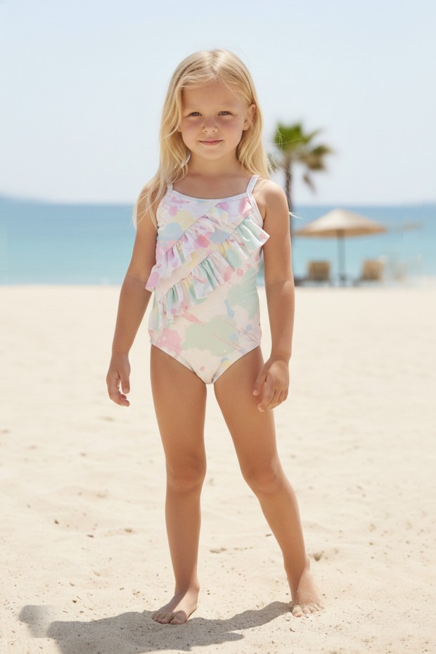 Kız Çocuk Polyester + Elastan Fırfır Detaylı Pastel Renk Tie Dye Desenli Yüzücü Mayosu