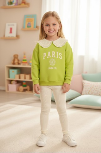Kız Çocuk Fıstık Yeşili Paris Baskılı Dantel Yakalı Sweatshirt Fitilli Tayt Takımı 