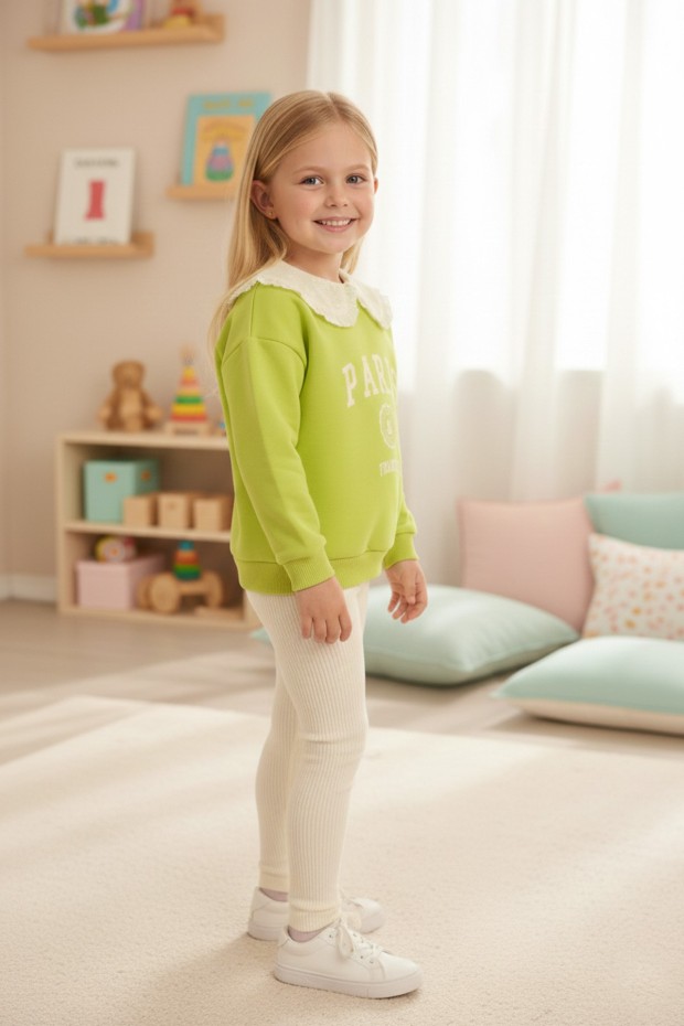 Kız Çocuk Fıstık Yeşili Paris Baskılı Dantel Yakalı Sweatshirt Fitilli Tayt Takımı 