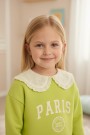 Kız Çocuk Fıstık Yeşili Paris Baskılı Dantel Yakalı Sweatshirt Fitilli Tayt Takımı 