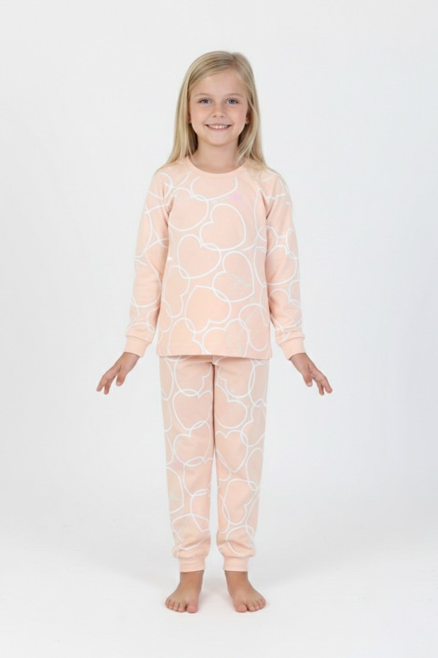 Kız Çocuk Büyük Kalp Desenli %100 Pamuk Süprem Kumaş Uzun Kollu Pijama Takımı 