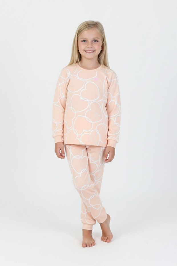 Kız Çocuk Büyük Kalp Desenli %100 Pamuk Süprem Kumaş Uzun Kollu Pijama Takımı 