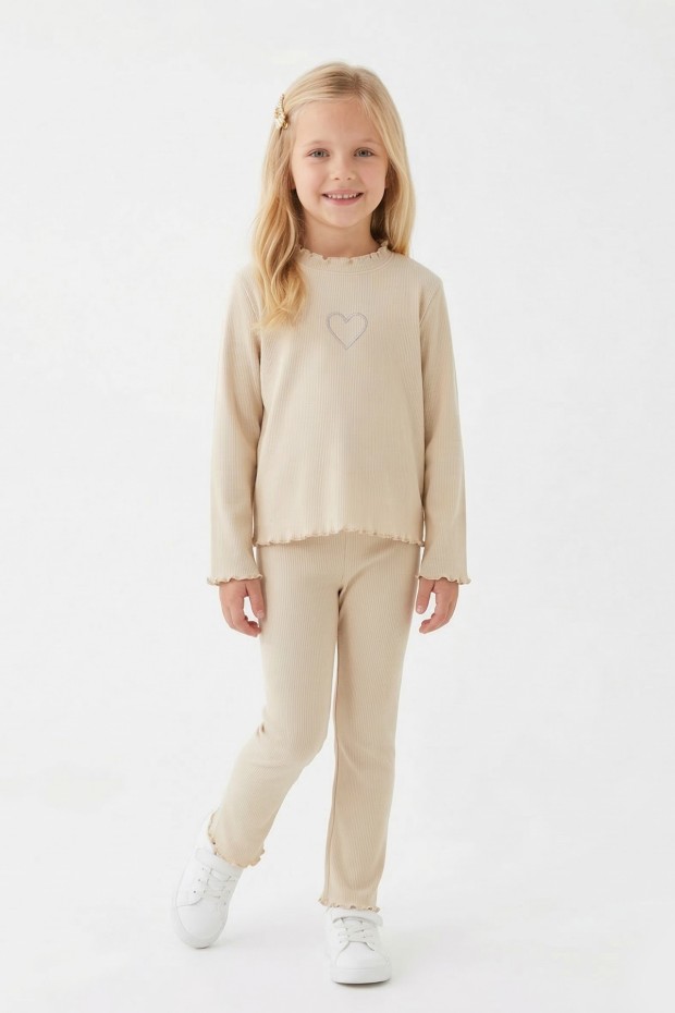 Kız Çocuk Fitilli Kumaş Kalp Nakışlı Uzun Kollu Takım