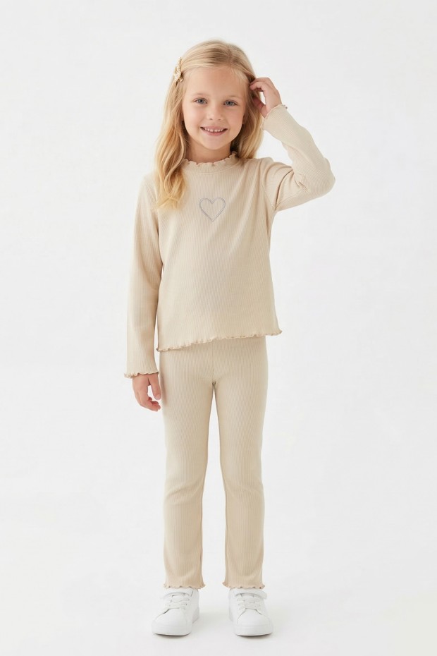 Kız Çocuk Fitilli Kumaş Kalp Nakışlı Uzun Kollu Takım