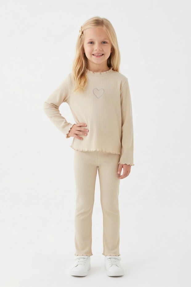 Kız Çocuk Fitilli Kumaş Kalp Nakışlı Uzun Kollu Takım
