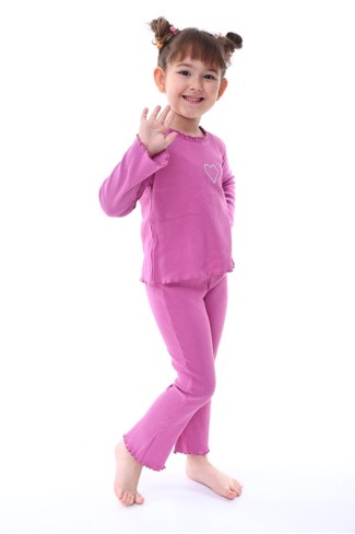 Kız Çocuk Fitilli Kumaş Kalp Nakışlı Uzun Kollu Takım