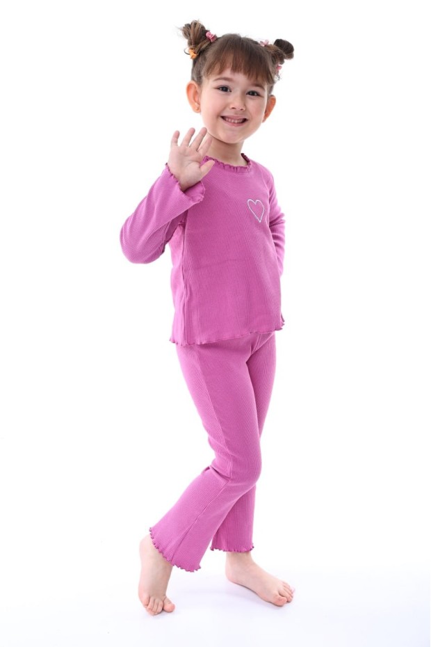 Kız Çocuk Fitilli Kumaş Kalp Nakışlı Uzun Kollu Takım