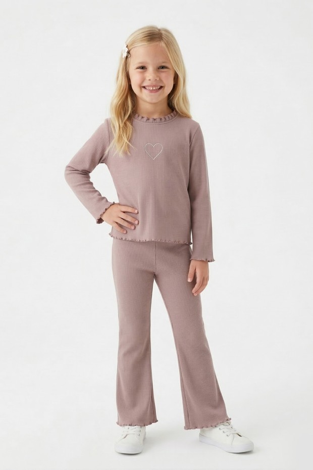 Kız Çocuk Fitilli Kumaş Kalp Nakışlı Uzun Kollu Takım 