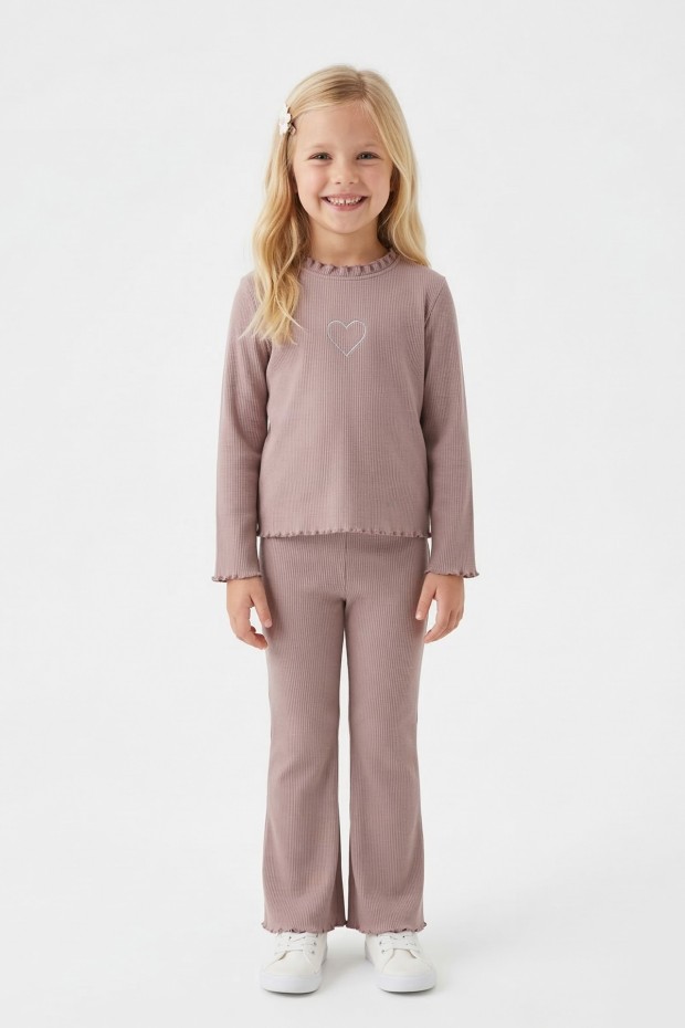 Kız Çocuk Fitilli Kumaş Kalp Nakışlı Uzun Kollu Takım 