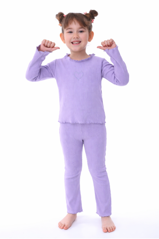 Kız Çocuk Fitilli Kumaş Kalp Nakışlı Uzun Kollu Takım